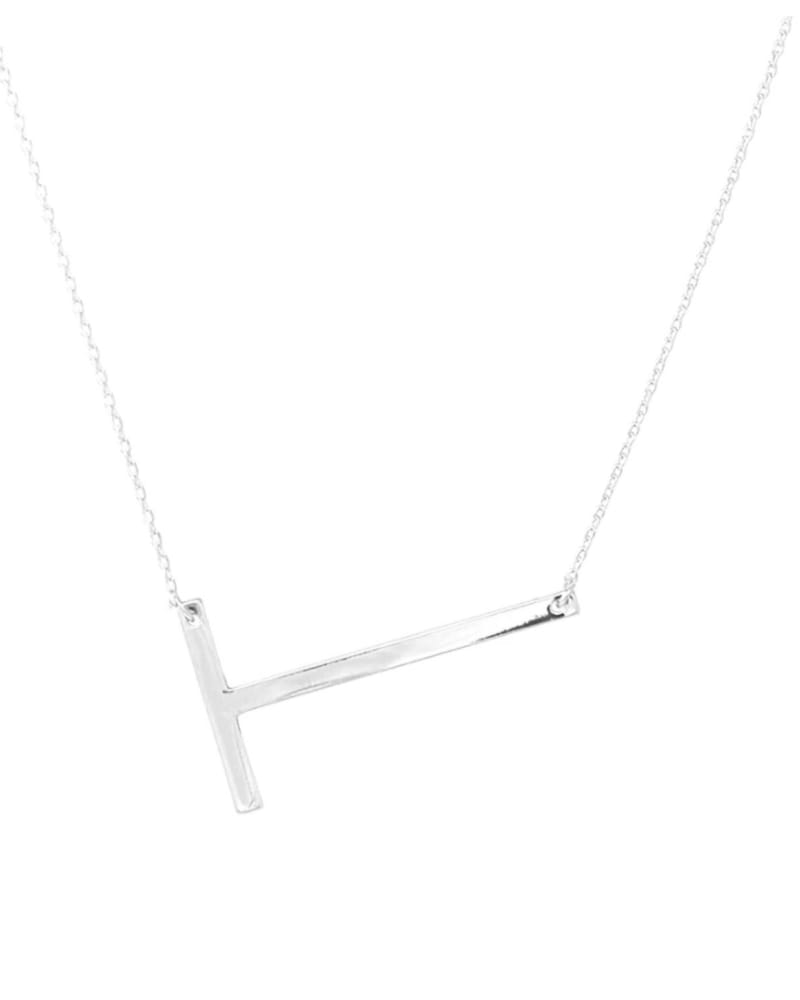 Front of a size O/S Sideways Initial Necklace T in Silver in Silver by U.S. Jewelry House. | dia_product_style_image_id:331429